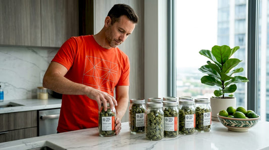 Adult storing cannabis in glass jars kitchen