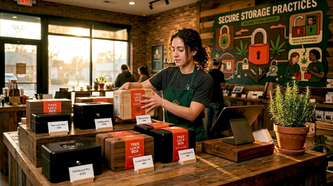 Dispensary staff organizing stash boxes at counter
