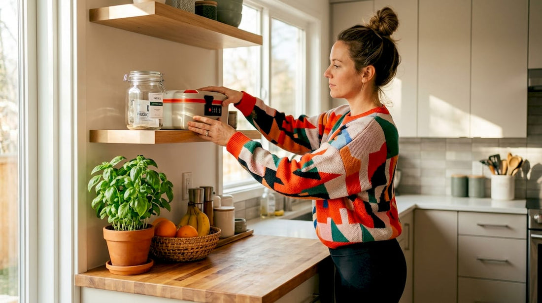Woman organizing cannabis in secure storage at home