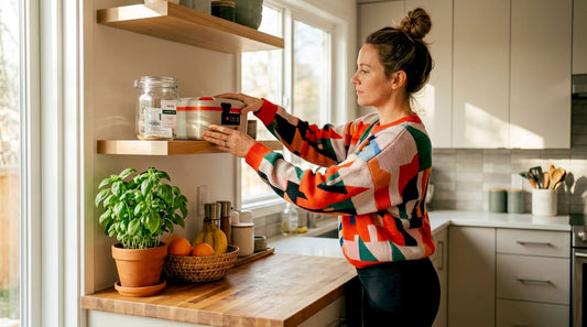 Woman organizing cannabis in secure storage at home