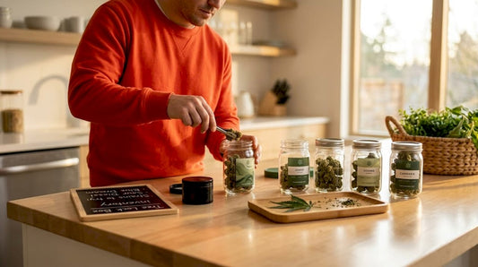 Person storing cannabis in amber glass jars