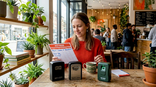 Woman comparing lockable storage box types