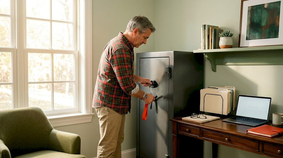 Homeowner securing items in hallway closet safe