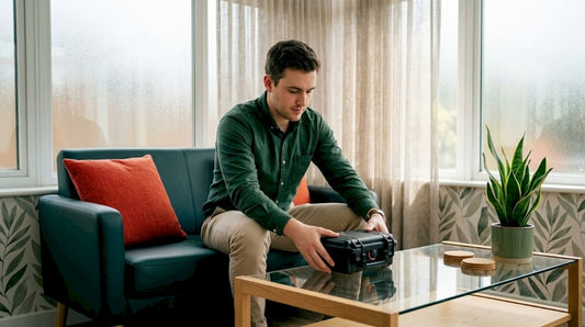 Person placing cannabis storage case on coffee table