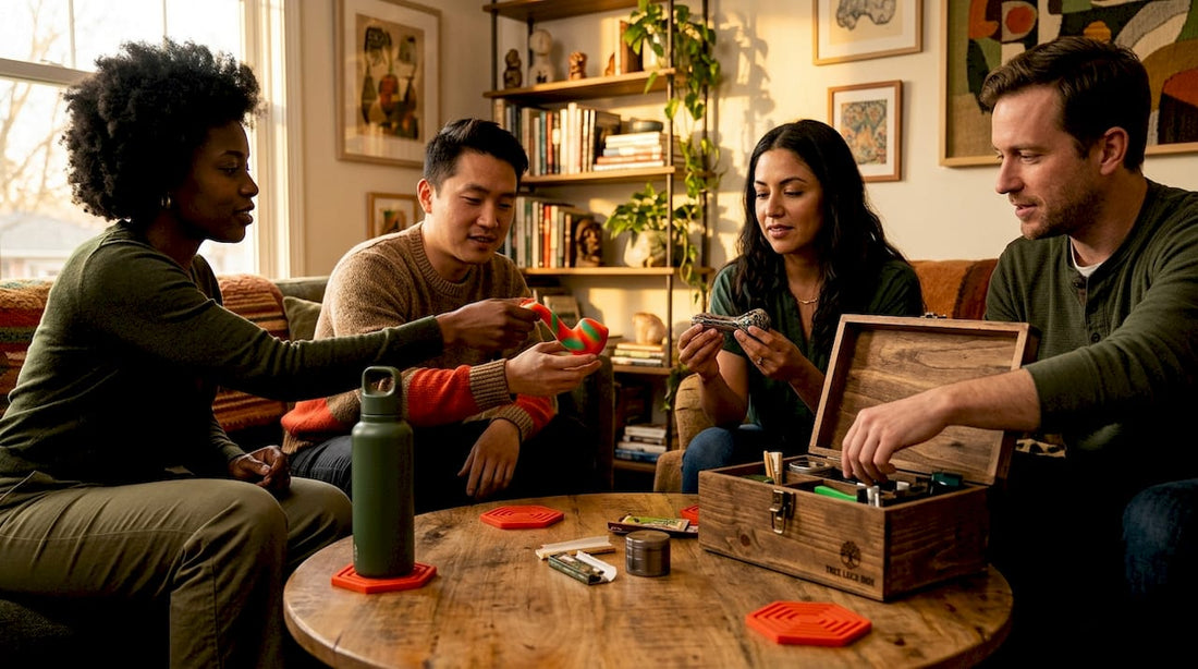 Group sharing cannabis accessories around table