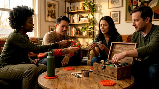 Group sharing cannabis accessories around table