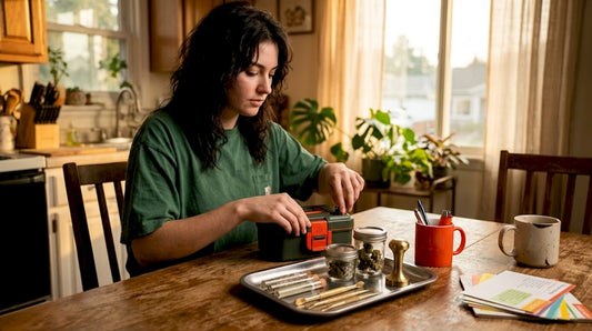 Person organizing lockable stash box at kitchen table