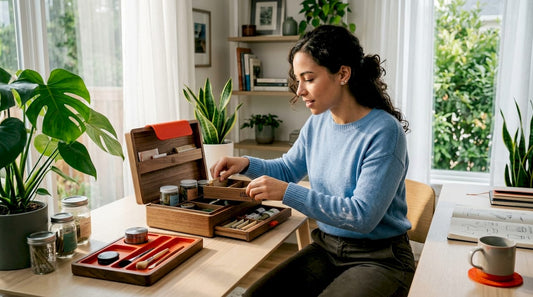 Person organizing multi-compartment stash box