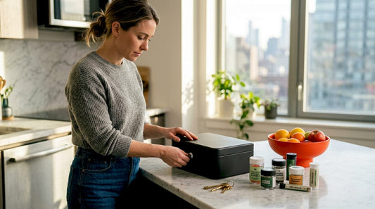 Mother locking cannabis storage box in kitchen