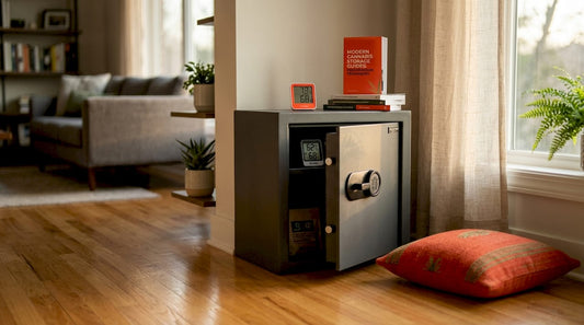 Steel cannabis safe in home office corner