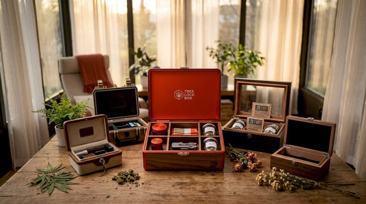 Various cannabis stash boxes displayed on wooden table