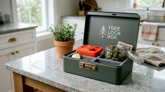 Lockable valuables and cannabis storage box on kitchen counter