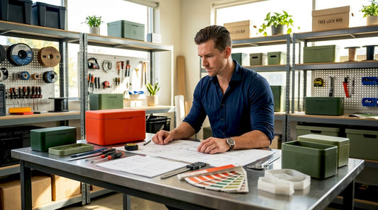 Designer reviewing durable storage box prototypes