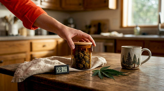 Hand placing amber glass jar on counter