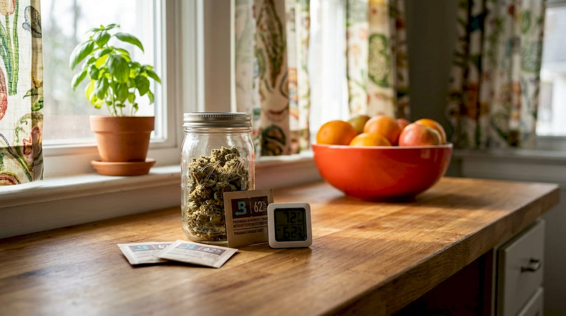 Airtight cannabis storage jar with humidity packs