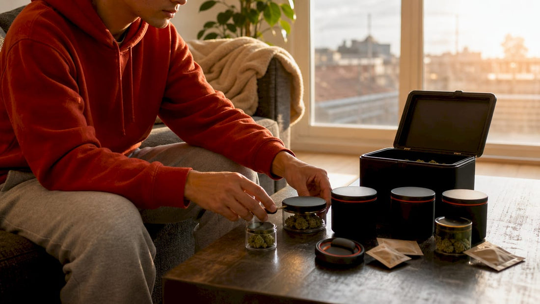 Person organizing discreet cannabis storage containers
