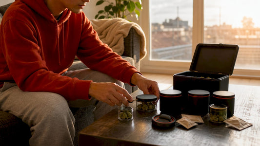 Person organizing discreet cannabis storage containers