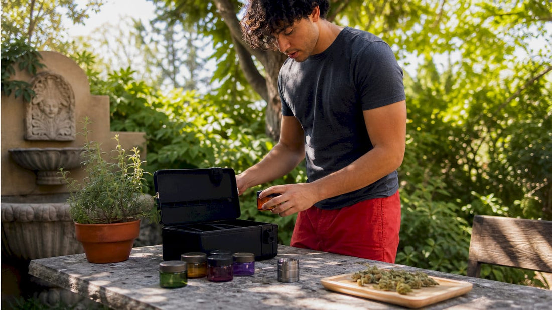 Person organizing cannabis storage boxes at home