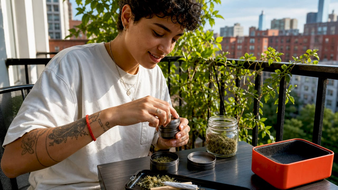 Person preparing cannabis with grinder and tools
