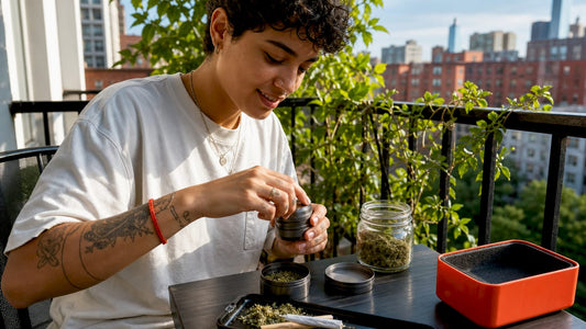 Person preparing cannabis with grinder and tools