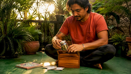 Person placing cannabis container into discreet stash box