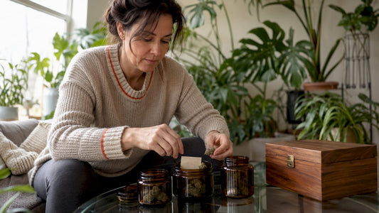 Woman organizing cannabis in glass jars on counter