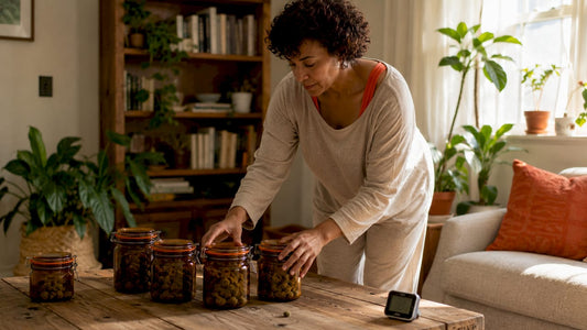Woman storing medical cannabis in amber glass jars at home