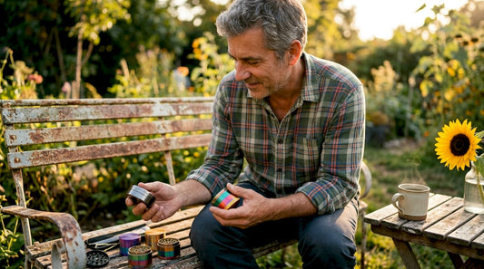 Man comparing different weed grinders at home table