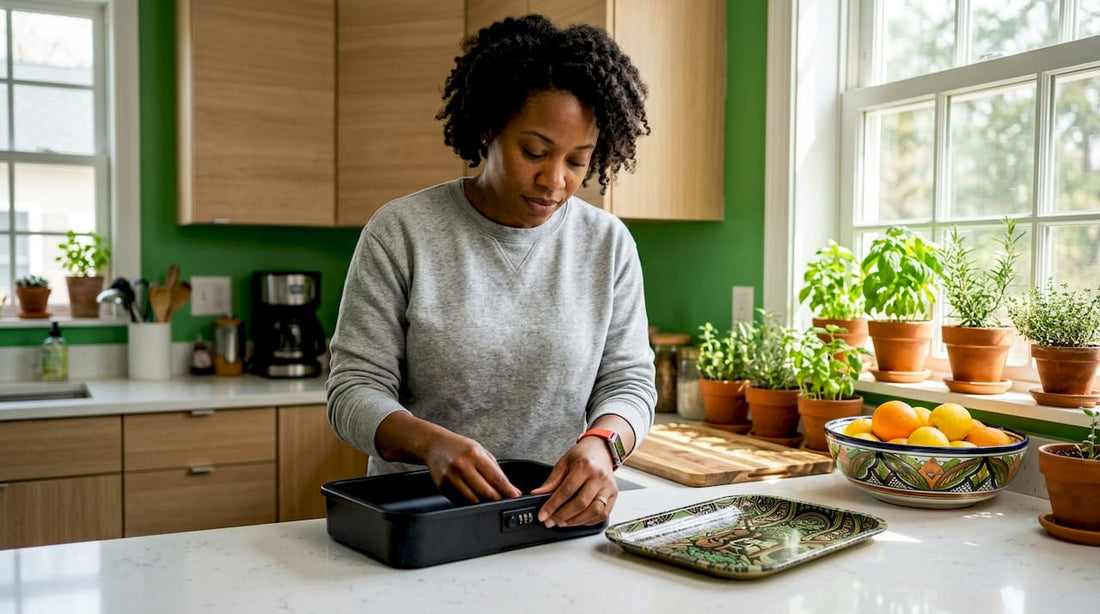 Woman arranging rolling trays with locks on table