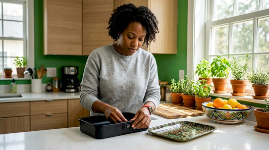 Woman arranging rolling trays with locks on table