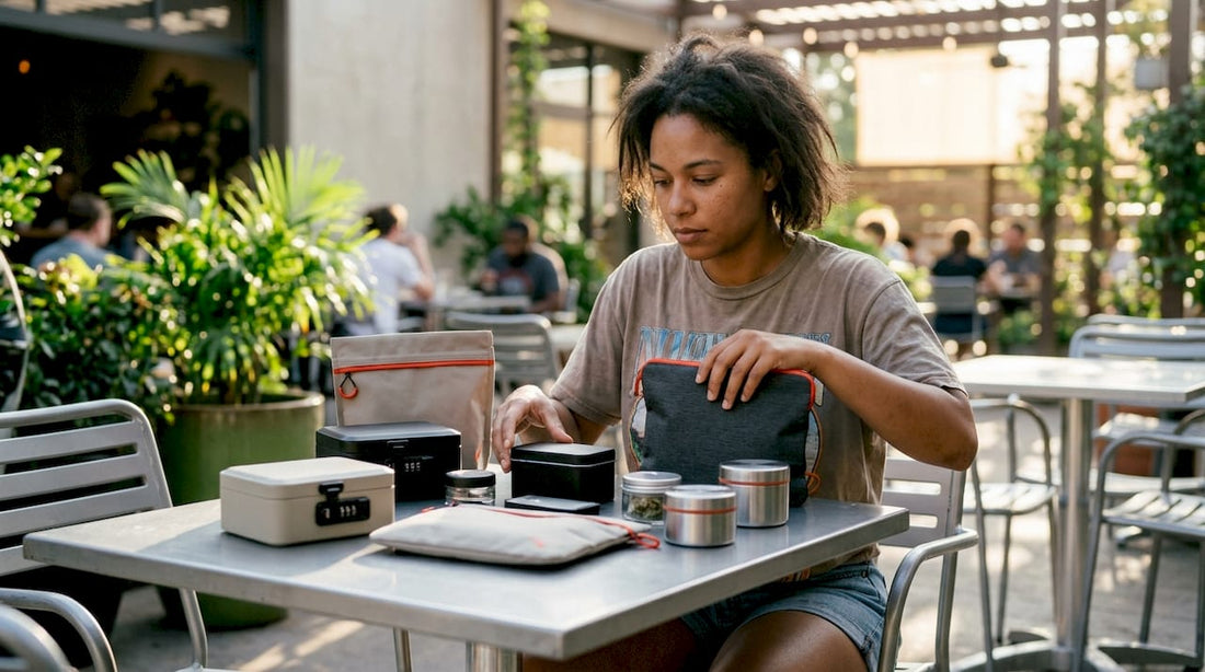 Person organizing innovative cannabis accessories at table