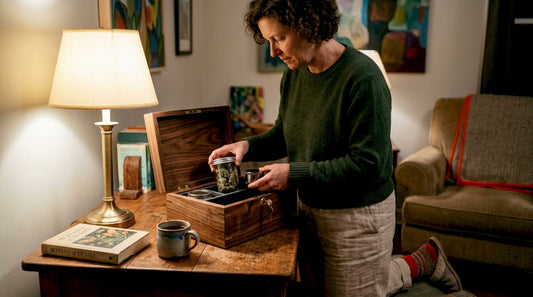 Person organizing cannabis storage box in living room