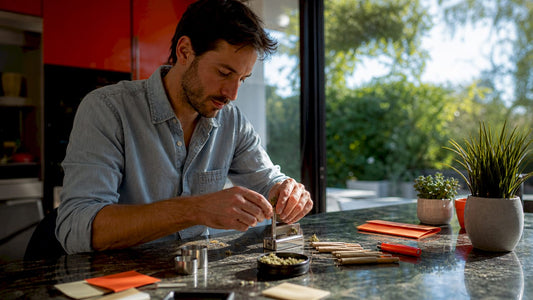 Man filling pre-roll cones at workbench