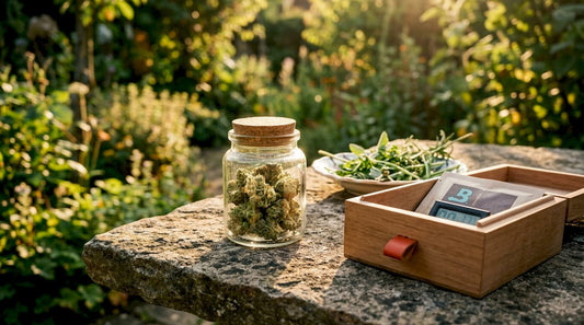 Fresh cannabis buds in jar with humidity tools