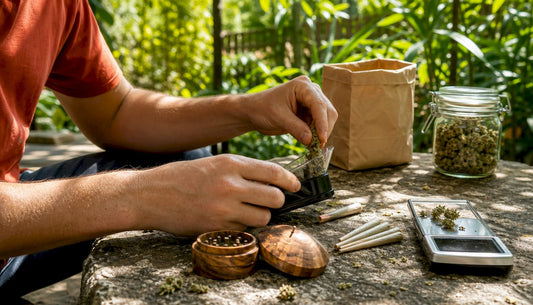 Hands filling pre-rolled cones with a manual cone filling tool