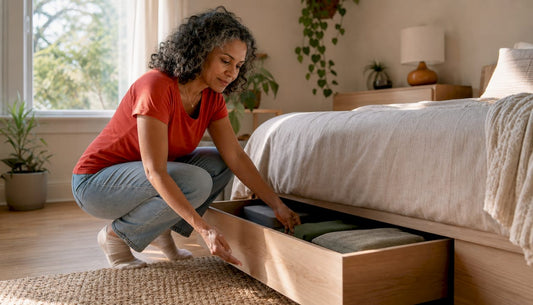 Woman opening hidden under-bed storage drawer