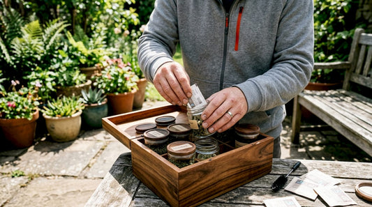 Hands organizing airtight jars in stash box