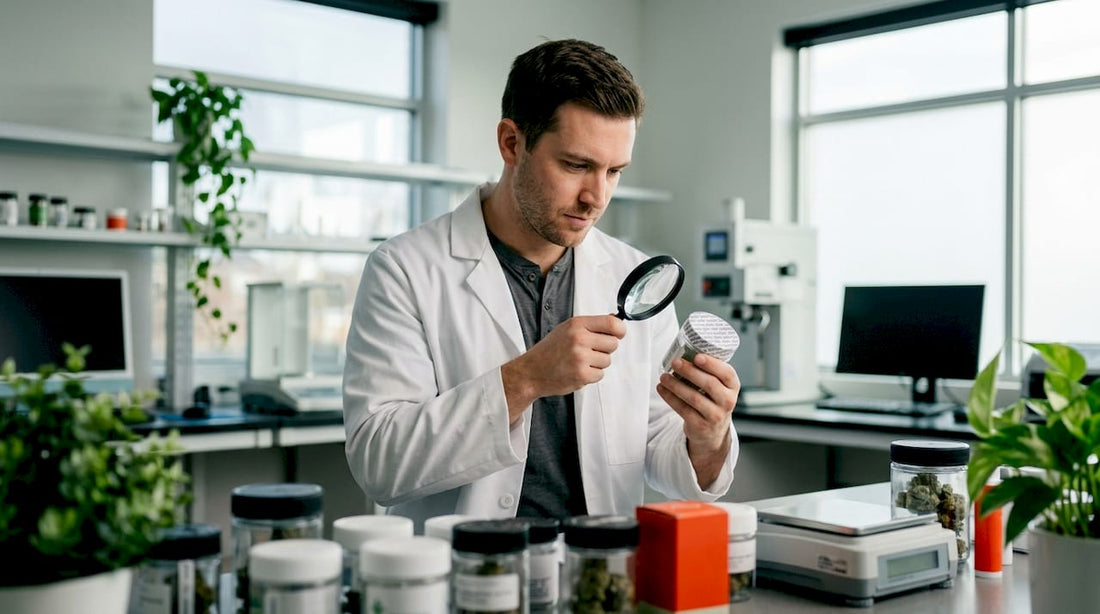 Quality control specialist inspecting tamper-evident cannabis container