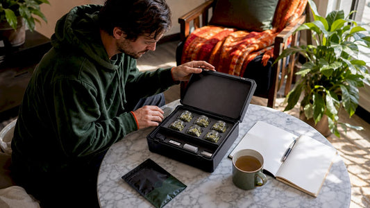Person inspecting quality cannabis storage box