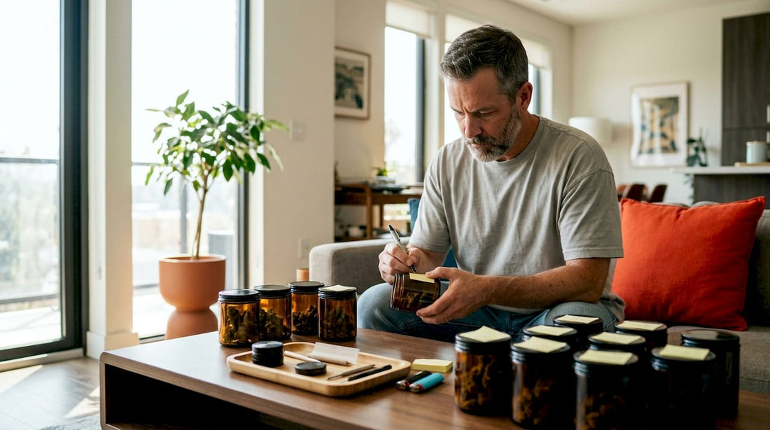 Man labeling cannabis storage jars at kitchen counter