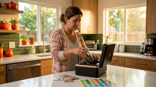 Woman preparing cannabis gift with storage jar