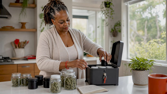 Woman organizing medical cannabis storage box