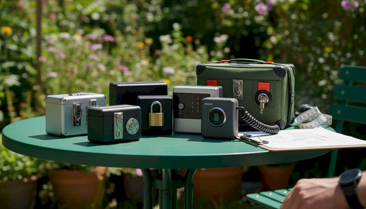 Variety of compact secure storage boxes on table