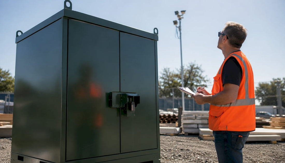 Worker inspecting secured lockable storage container outdoors