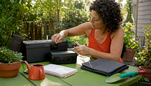 Woman organizing cannabis storage at home table