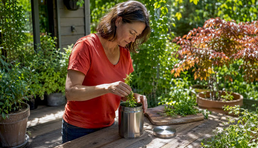 Woman storing herbs in smell-proof container