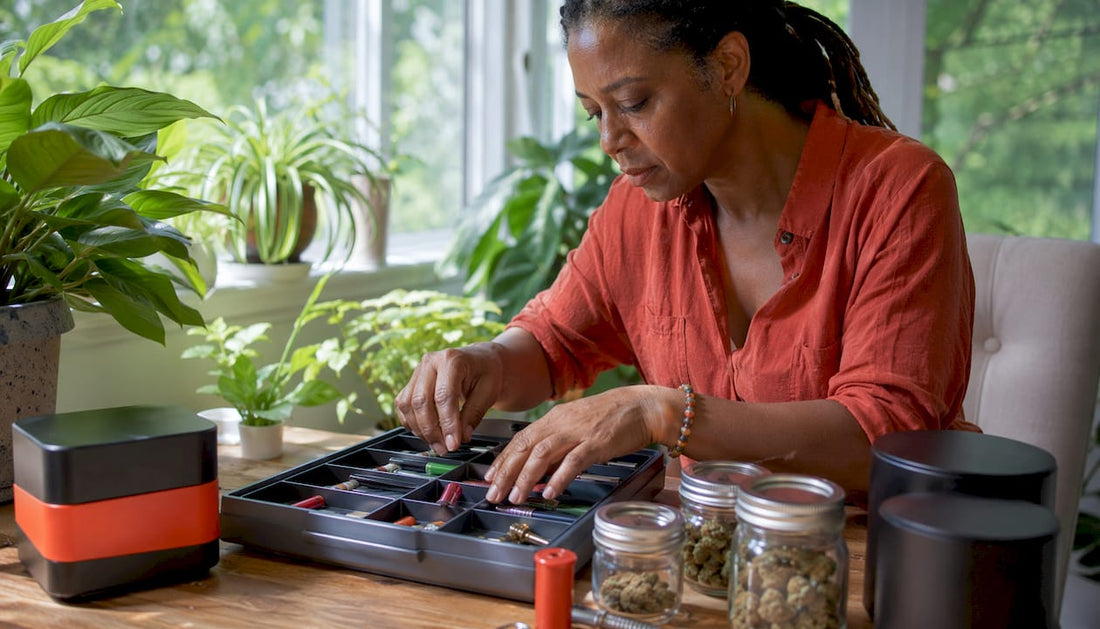 Woman organizing cannabis accessories in home room