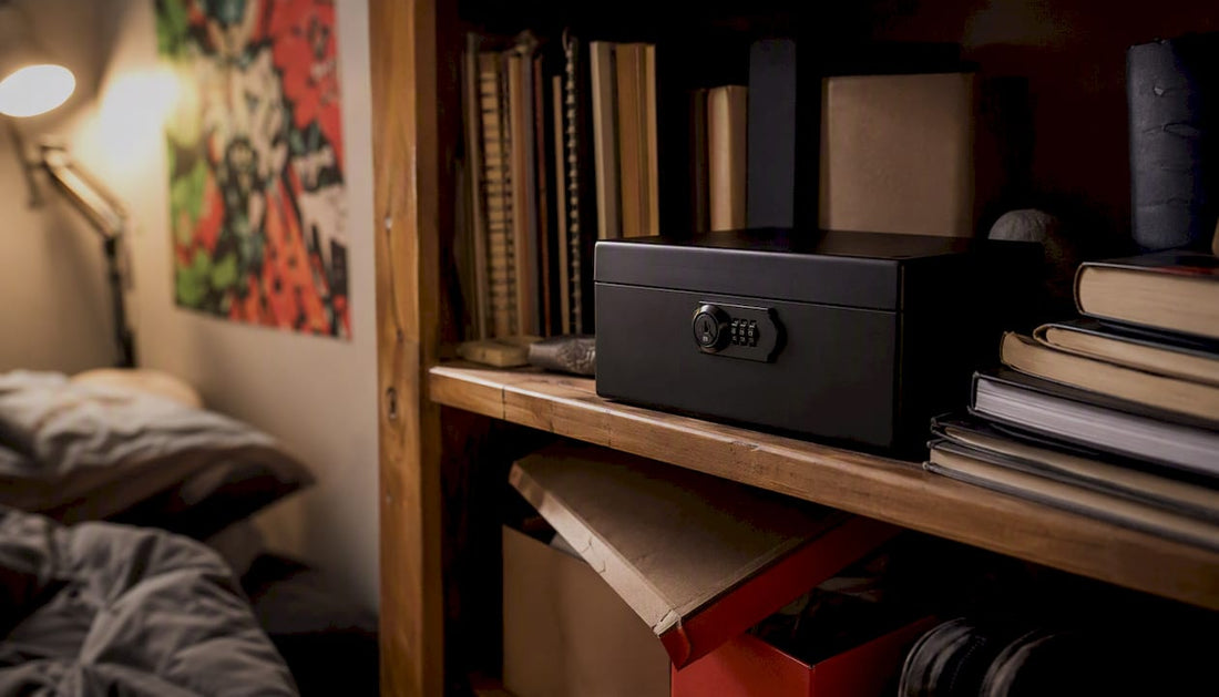 Discreet lockable cannabis storage box on dorm shelf