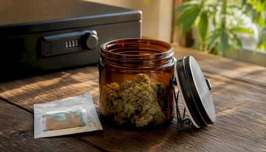 Amber glass jar and lockable box on table