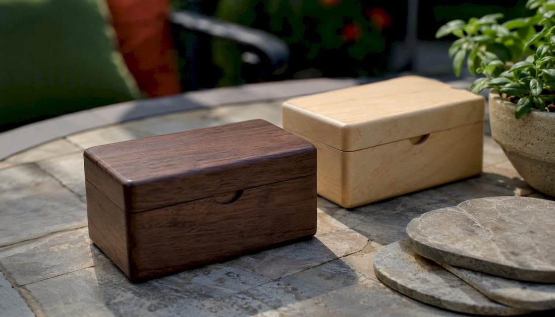 Close-up of walnut and maple wooden boxes